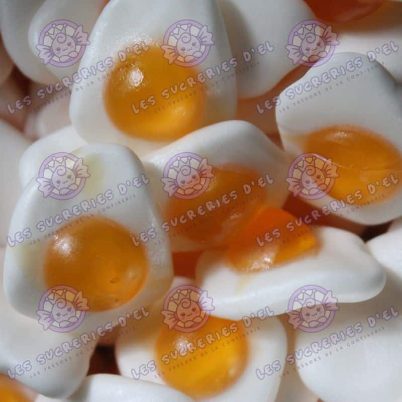 Bonbons gélifiés Oeufs au Plat Haribo avec une texture tendre et une saveur douce, vendus au poids.