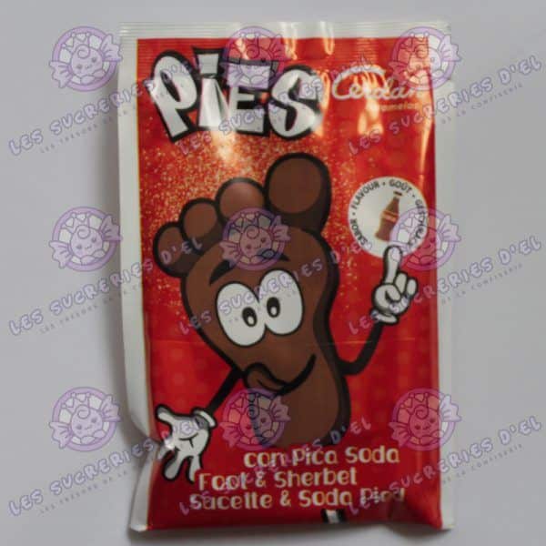 Sucette en forme de pied au goût cola, avec poudre acidulée crépitante, pour une expérience gustative rétro et pétillante.