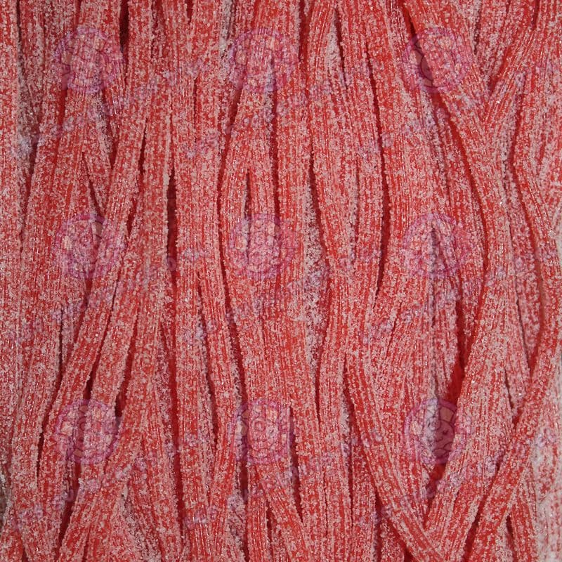 Bonbons Lassos Acidulés Fraise en forme de longues ficelles, saupoudrés de sucre acidulé.