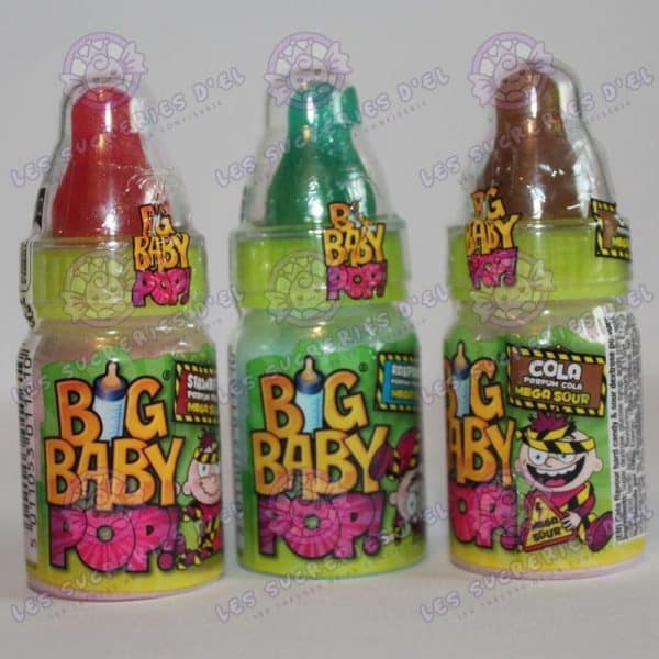 Big Baby Pop Méga Acidulé, un bonbon en forme de biberon avec poudre acidulée, saveurs Cola, Fraise et Framboise, défi ludique et gourmand.