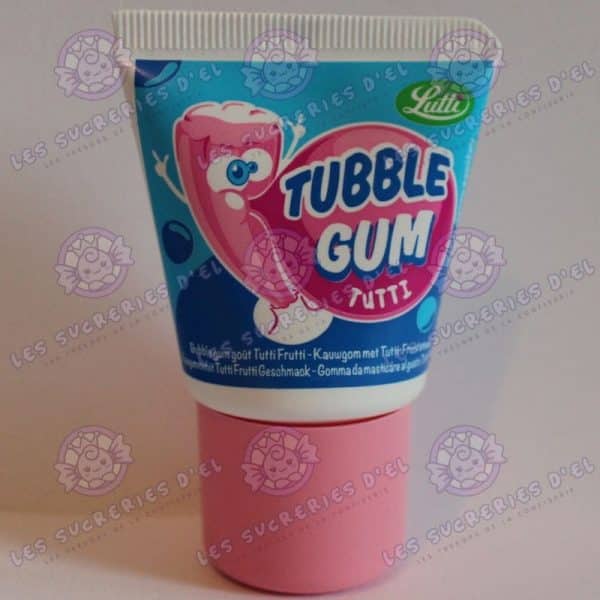 Tubble Gum Lutti tube, chewing-gum à pousser au goût Tutti Frutti, présenté dans un tube pratique.